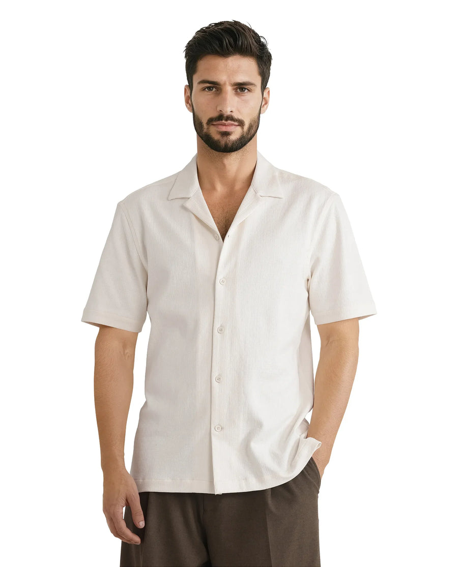 Rare Rabbit Men's Kelos Ss Off White Cotton Blend Plain Boxy Fit Half Sleeve Cuban Collar Shirt