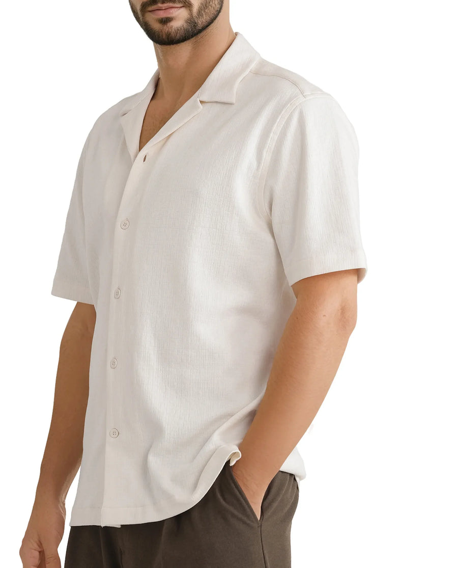 Rare Rabbit Men's Kelos Ss Off White Cotton Blend Plain Boxy Fit Half Sleeve Cuban Collar Shirt