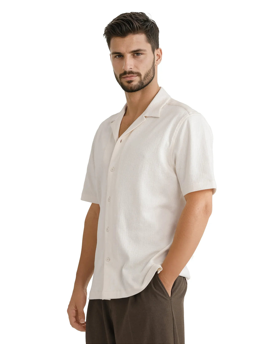 Rare Rabbit Men's Kelos Ss Off White Cotton Blend Plain Boxy Fit Half Sleeve Cuban Collar Shirt