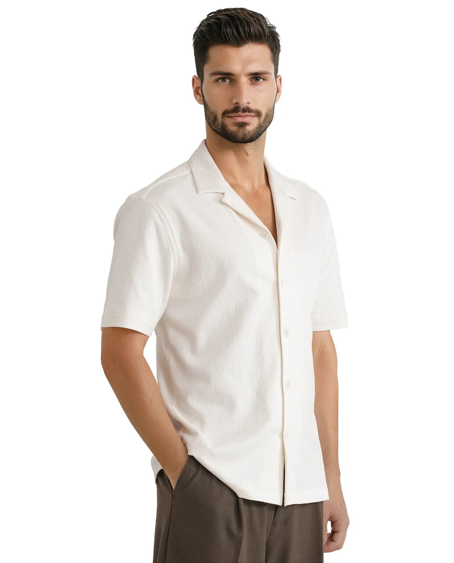Rare Rabbit Men's Kelos Ss Off White Cotton Blend Plain Boxy Fit Half Sleeve Cuban Collar Shirt