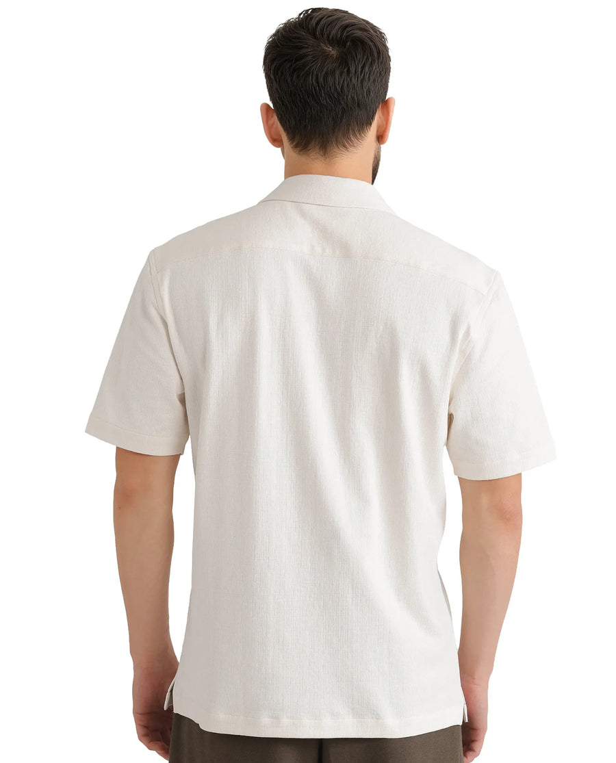 Rare Rabbit Men's Kelos Ss Off White Cotton Blend Plain Boxy Fit Half Sleeve Cuban Collar Shirt