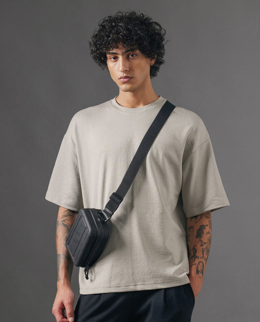 Rare Rabbit Men's Kelos Light Grey Cotton Blend Plain Oversized Fit Half Sleeve Crew Neck T-Shirt