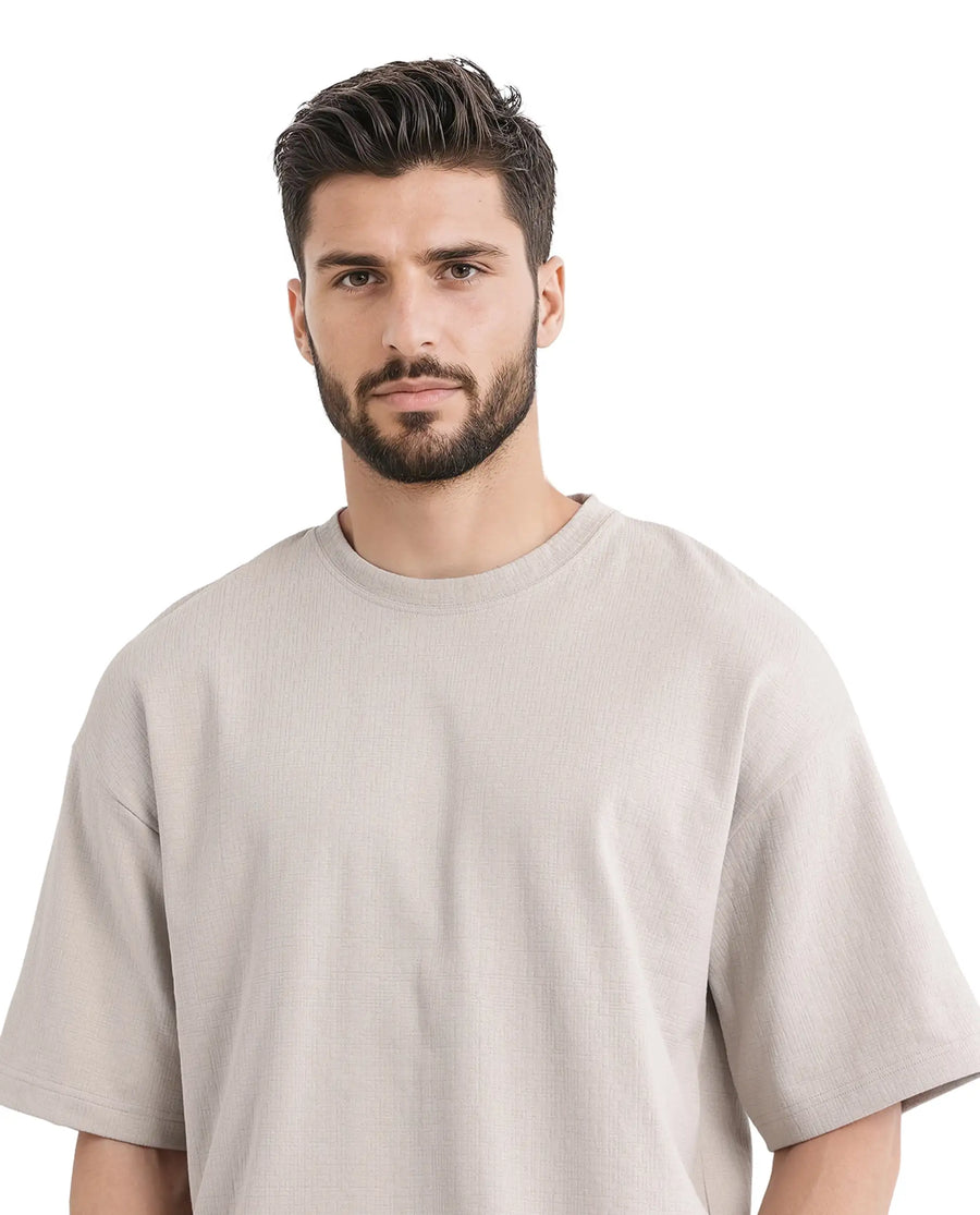 Rare Rabbit Men's Kelos Light Grey Cotton Blend Plain Oversized Fit Half Sleeve Crew Neck T-Shirt