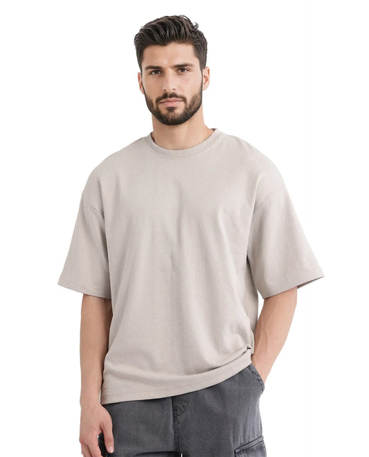 Rare Rabbit Men's Kelos Light Grey Cotton Blend Plain Oversized Fit Half Sleeve Crew Neck T-Shirt