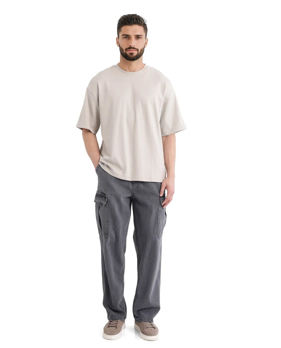 Rare Rabbit Men's Kelos Light Grey Cotton Blend Plain Oversized Fit Half Sleeve Crew Neck T-Shirt