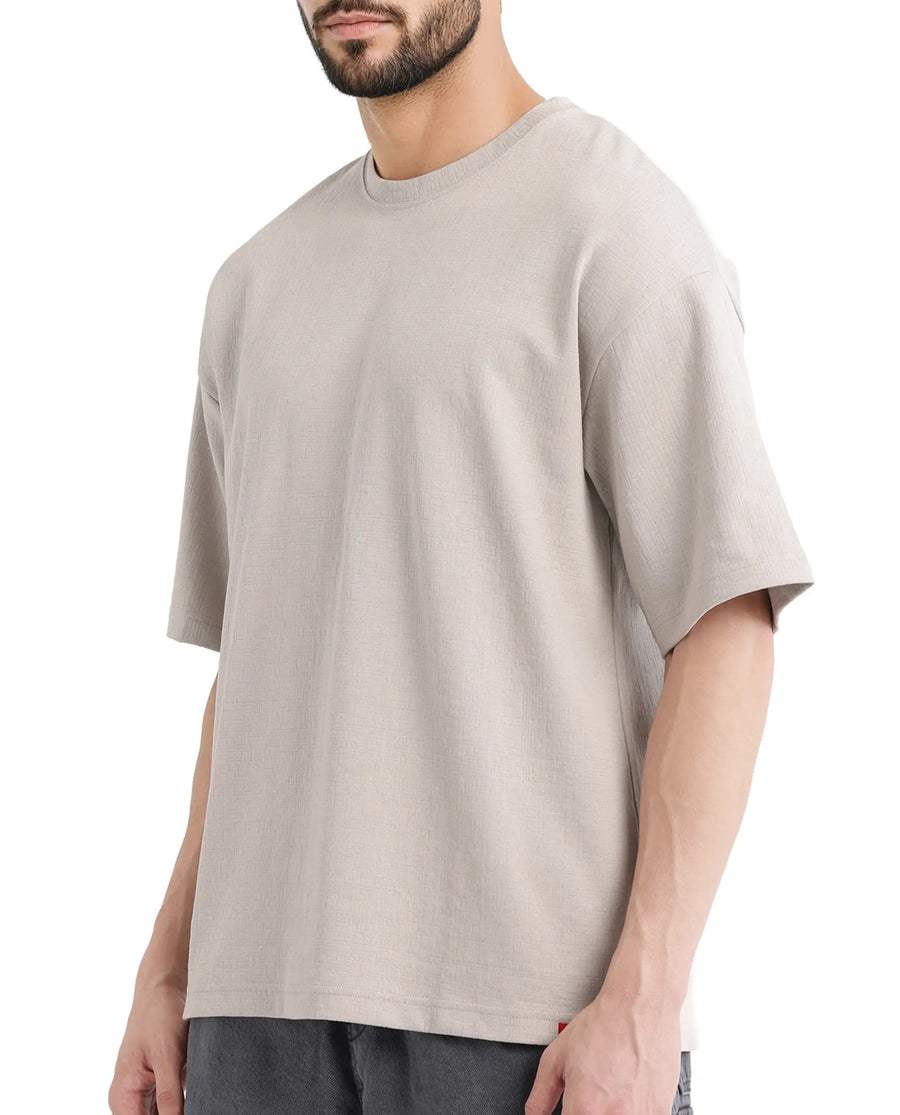 Rare Rabbit Men's Kelos Light Grey Cotton Blend Plain Oversized Fit Half Sleeve Crew Neck T-Shirt