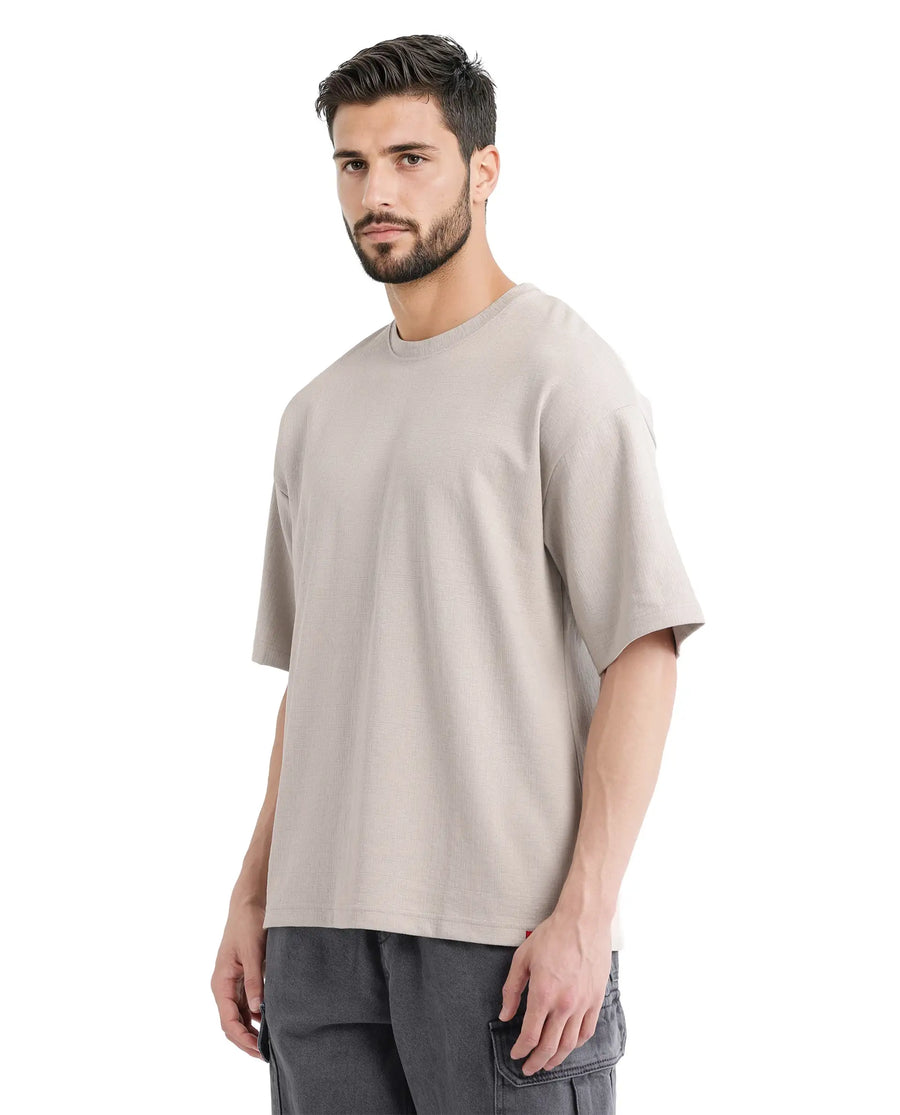 Rare Rabbit Men's Kelos Light Grey Cotton Blend Plain Oversized Fit Half Sleeve Crew Neck T-Shirt