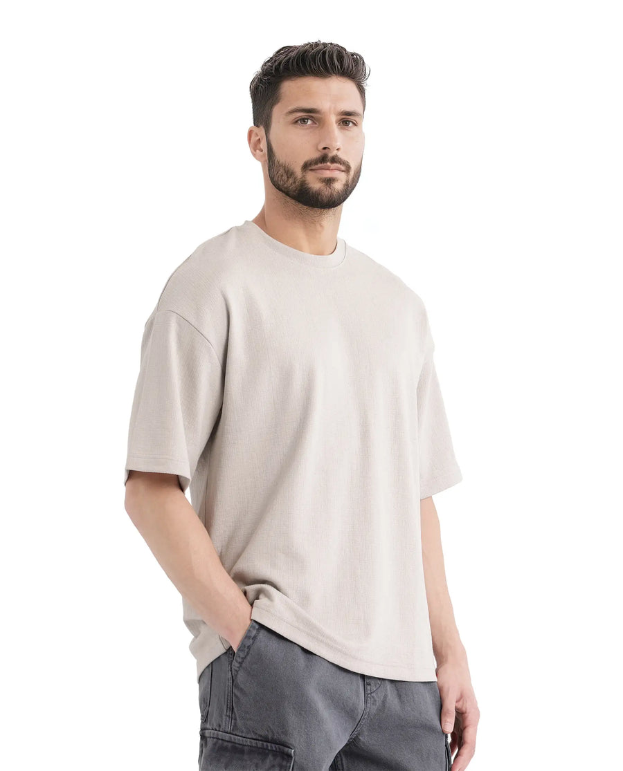 Rare Rabbit Men's Kelos Light Grey Cotton Blend Plain Oversized Fit Half Sleeve Crew Neck T-Shirt