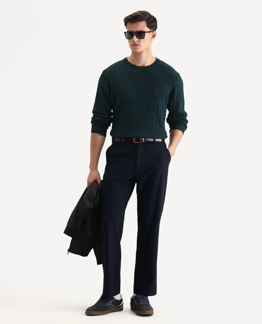 Rare Rabbit Men Kenal Navy Polyester Blend Fabric Button Closure Plain Trouser