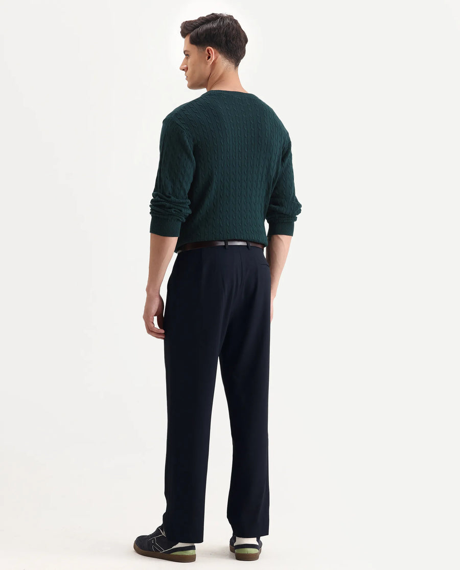 Rare Rabbit Men Kenal Navy Polyester Blend Fabric Button Closure Plain Trouser