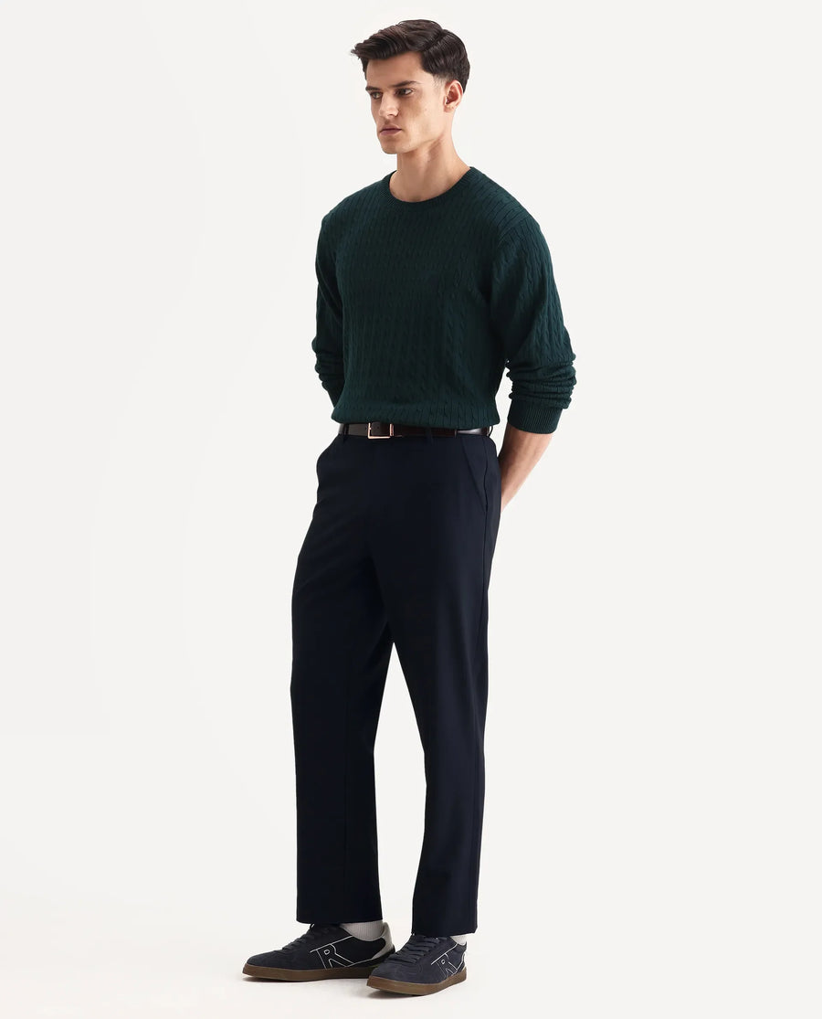 Rare Rabbit Men Kenal Navy Polyester Blend Fabric Button Closure Plain Trouser