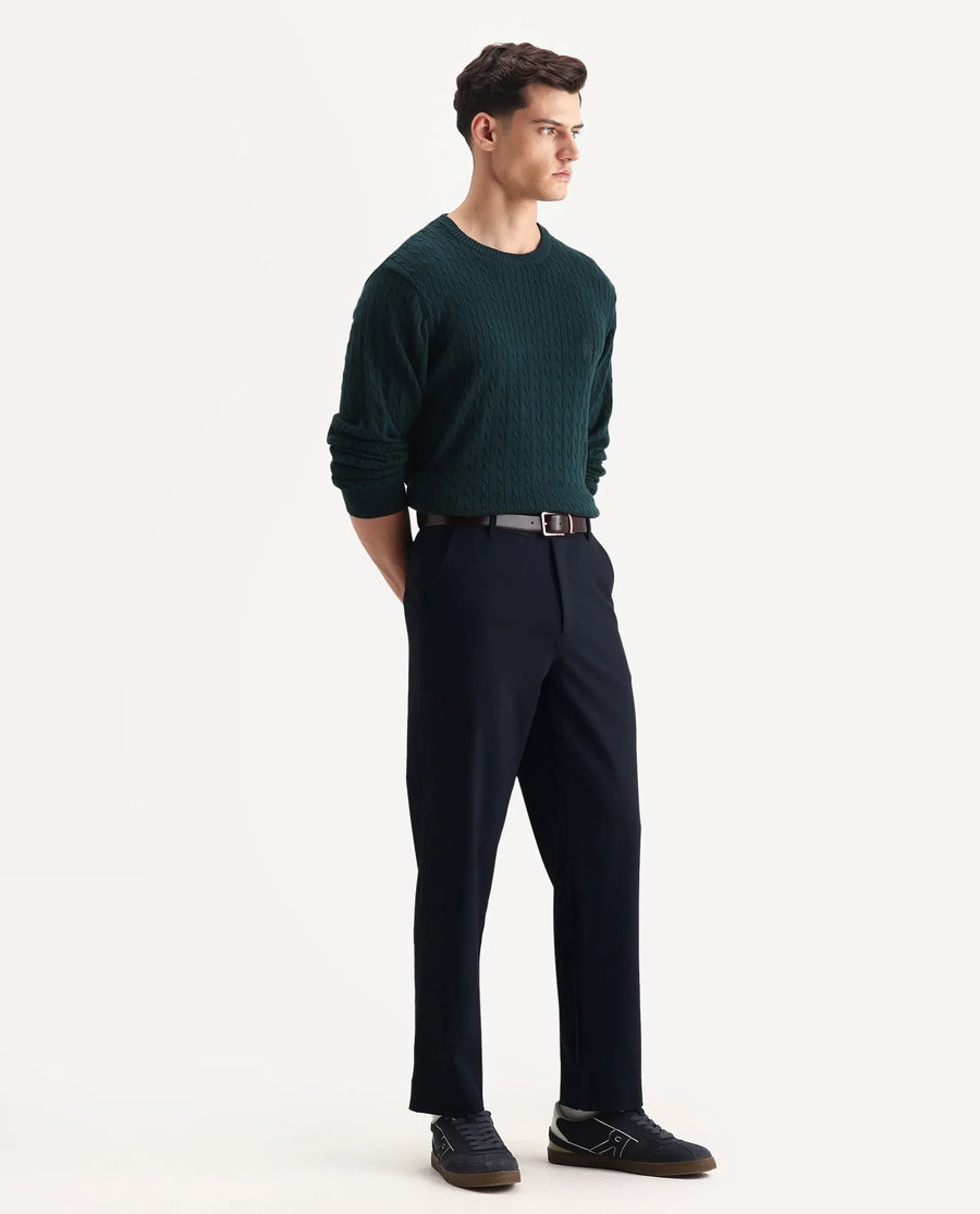Rare Rabbit Men Kenal Navy Polyester Blend Fabric Button Closure Plain Trouser