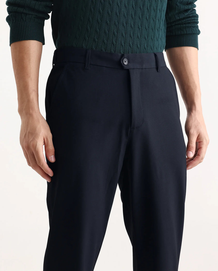 Rare Rabbit Men Kenal Navy Polyester Blend Fabric Button Closure Plain Trouser