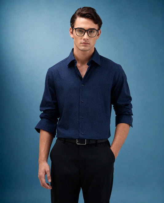 Rare Rabbit Men's Kenb Dark Blue Cotton Fabric Full Sleeve Spread Collar Button Regular Plain Shirt