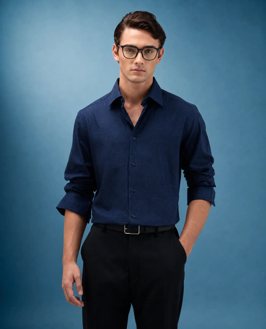 Rare Rabbit Men's Kenb Dark Blue Cotton Fabric Full Sleeve Spread Collar Button Regular Plain Shirt