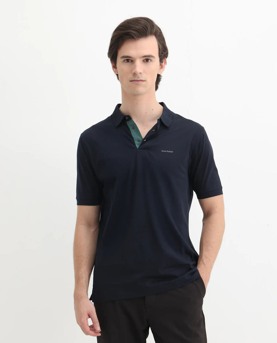 Rare Rabbit Men's Keneth Navy Cotton Plain Regular Fit Half Sleeve Polo
