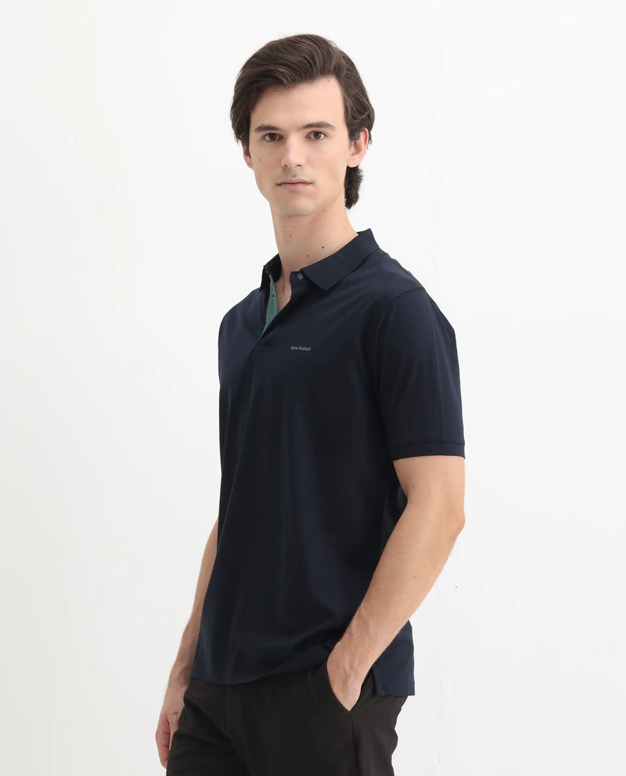 Rare Rabbit Men's Keneth Navy Cotton Plain Regular Fit Half Sleeve Polo