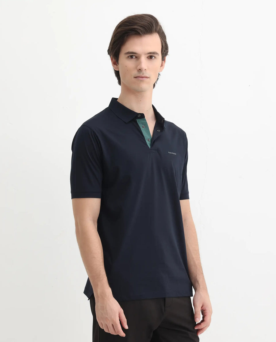 Rare Rabbit Men's Keneth Navy Cotton Plain Regular Fit Half Sleeve Polo