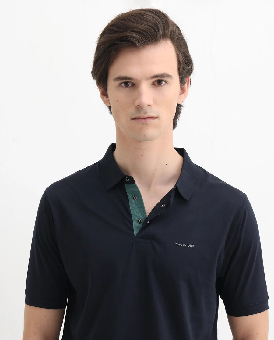 Rare Rabbit Men's Keneth Navy Cotton Plain Regular Fit Half Sleeve Polo