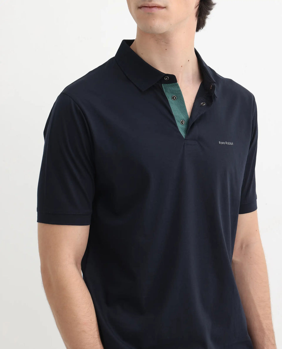 Rare Rabbit Men's Keneth Navy Cotton Plain Regular Fit Half Sleeve Polo