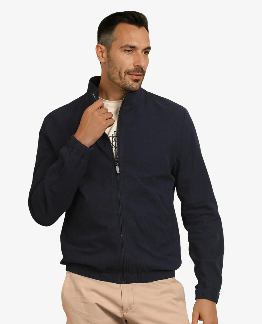 Rare Rabbit Men's Kenny Navy Polyester Plain Regular Fit Full Sleeve High Neck Jacket