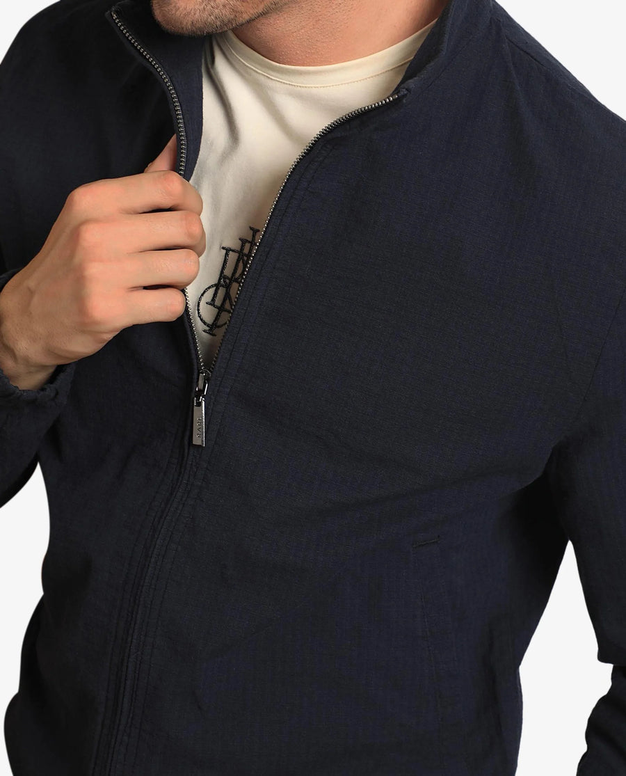 Rare Rabbit Men's Kenny Navy Polyester Plain Regular Fit Full Sleeve High Neck Jacket