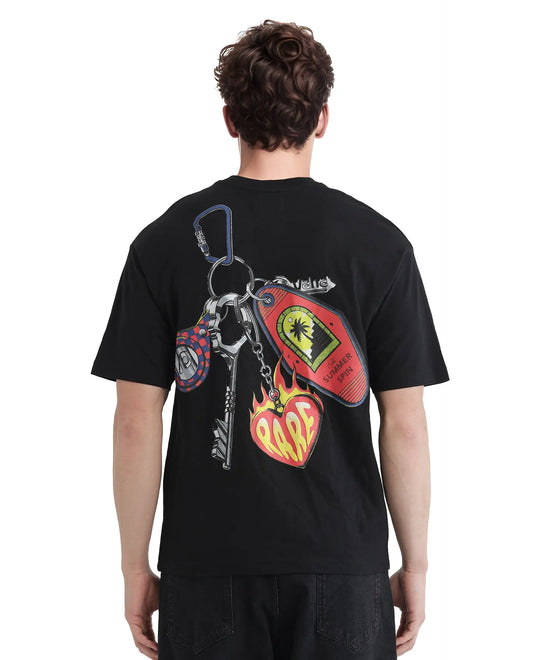 Rare Rabbit Men's Kent Black Cotton Graphic Print Oversized Fit Half Sleeve Crew Neck T-Shirt