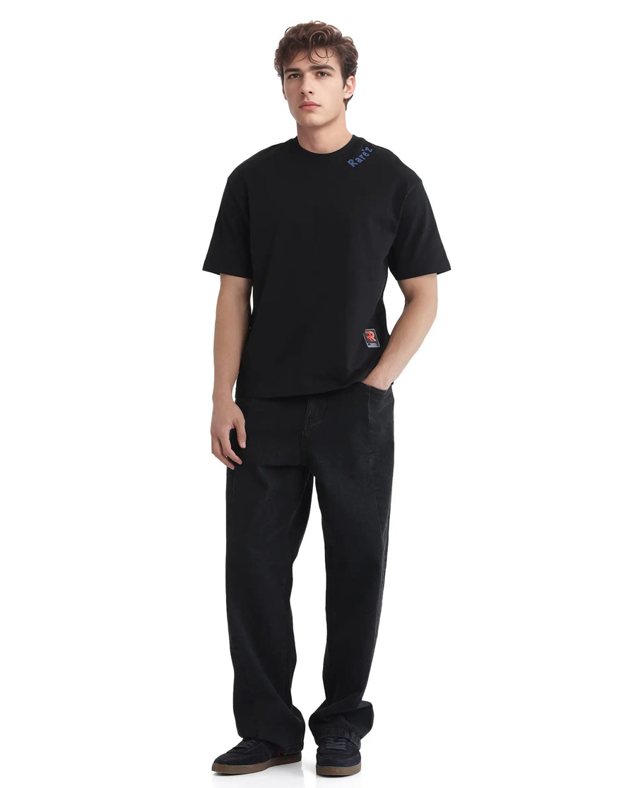 Rare Rabbit Men's Kent Black Cotton Graphic Print Oversized Fit Half Sleeve Crew Neck T-Shirt