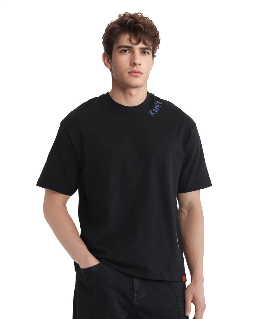 Rare Rabbit Men's Kent Black Cotton Graphic Print Oversized Fit Half Sleeve Crew Neck T-Shirt