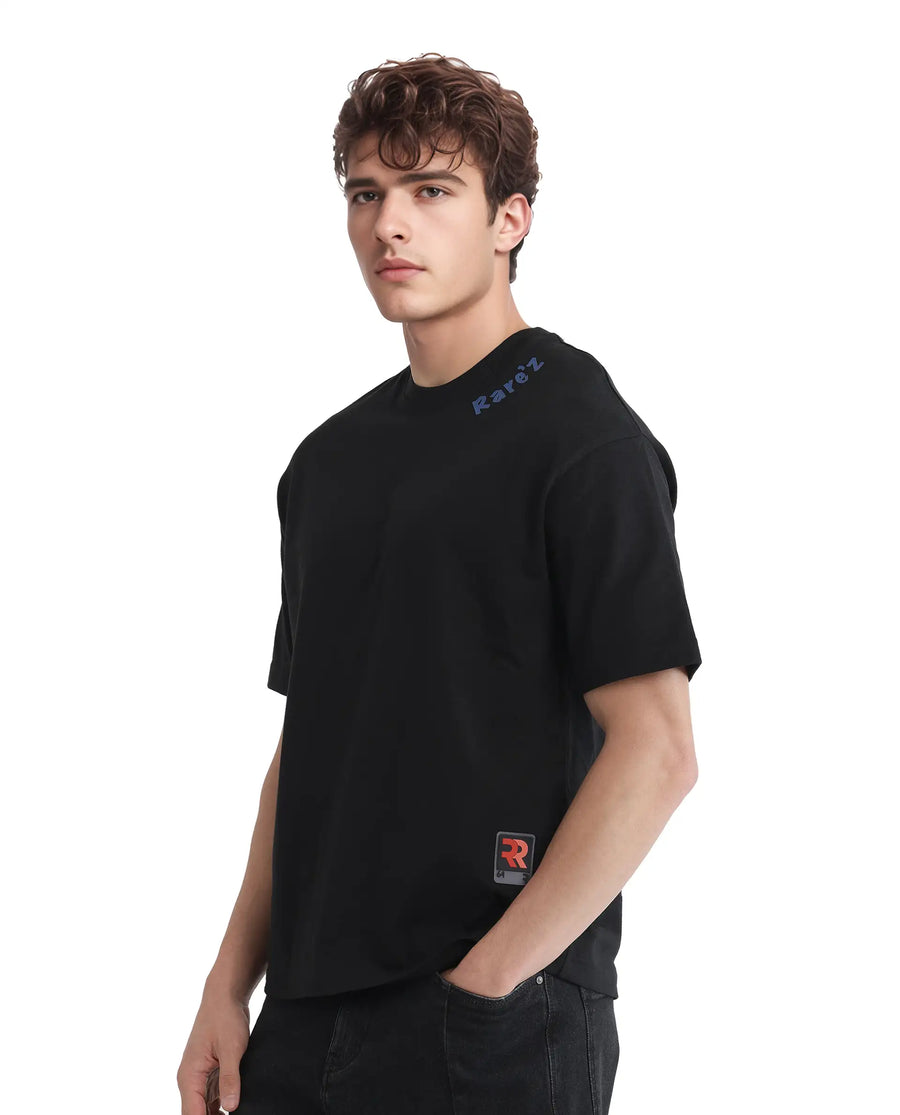 Rare Rabbit Men's Kent Black Cotton Graphic Print Oversized Fit Half Sleeve Crew Neck T-Shirt