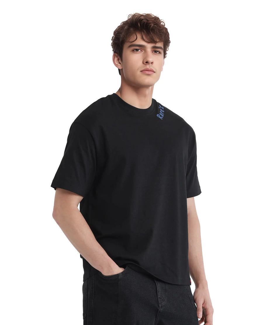 Rare Rabbit Men's Kent Black Cotton Graphic Print Oversized Fit Half Sleeve Crew Neck T-Shirt