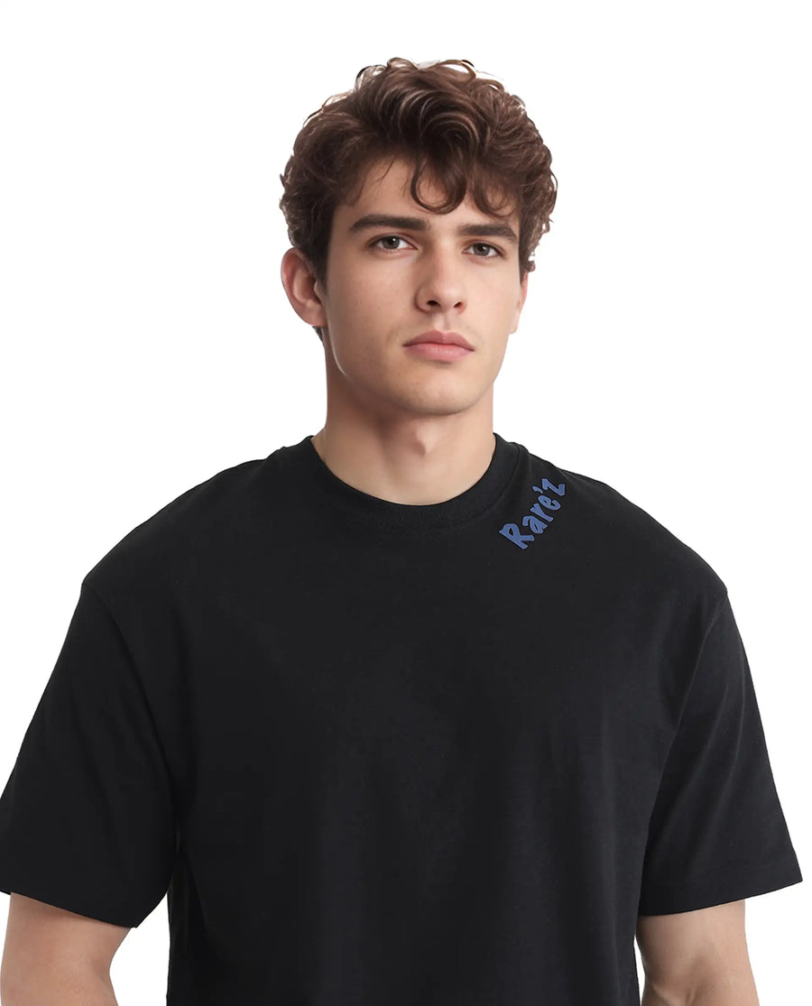 Rare Rabbit Men's Kent Black Cotton Graphic Print Oversized Fit Half Sleeve Crew Neck T-Shirt