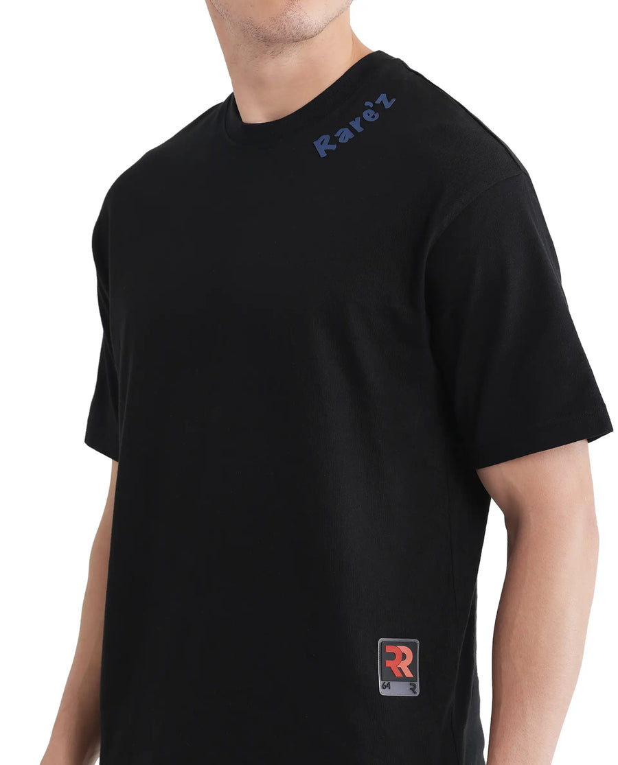 Rare Rabbit Men's Kent Black Cotton Graphic Print Oversized Fit Half Sleeve Crew Neck T-Shirt