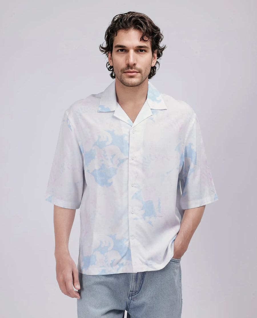 Rare Rabbit Men's Ken White Viscose Abstract Print Boxy Fit Half Sleeve Cuban Collar Shirt