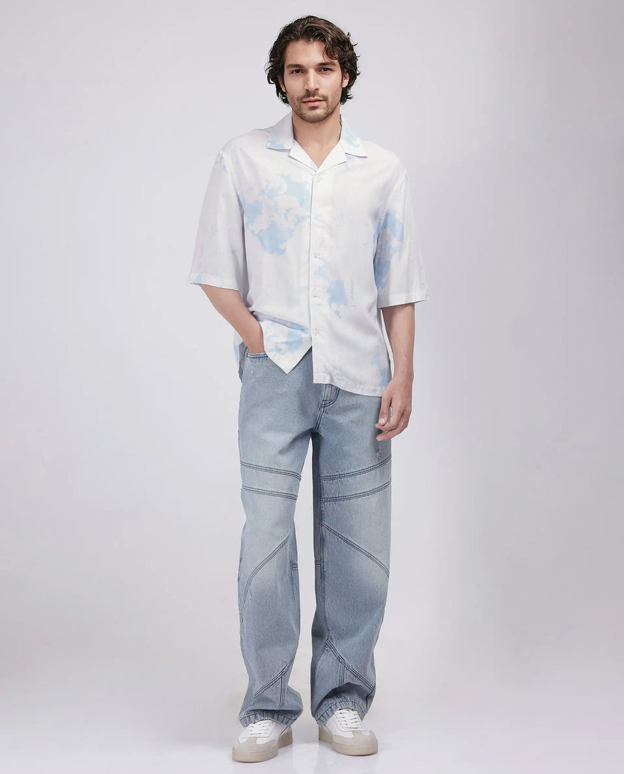 Rare Rabbit Men's Ken White Viscose Abstract Print Boxy Fit Half Sleeve Cuban Collar Shirt