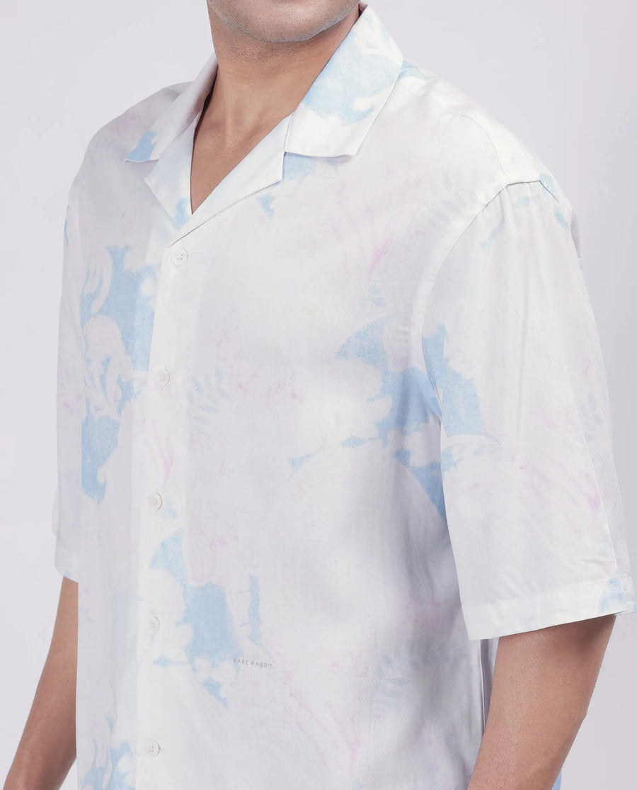 Rare Rabbit Men's Ken White Viscose Abstract Print Boxy Fit Half Sleeve Cuban Collar Shirt