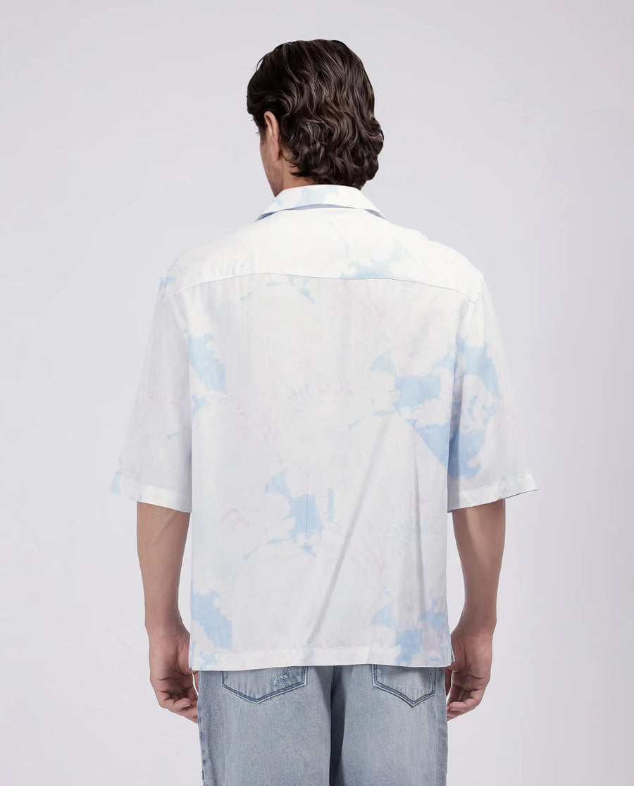 Rare Rabbit Men's Ken White Viscose Abstract Print Boxy Fit Half Sleeve Cuban Collar Shirt