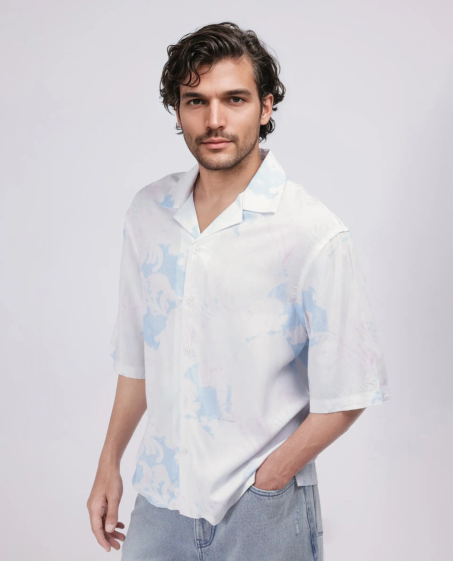 Rare Rabbit Men's Ken White Viscose Abstract Print Boxy Fit Half Sleeve Cuban Collar Shirt