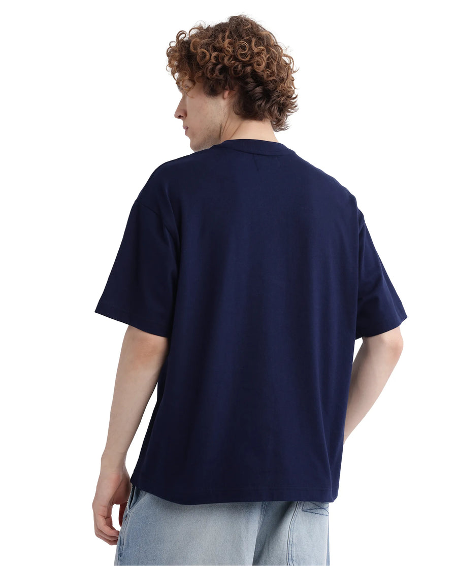Rare Rabbit Men's Kenzo-25 Navy Cotton Embroidered Oversized Fit Half Sleeve Crew Neck T-Shirt