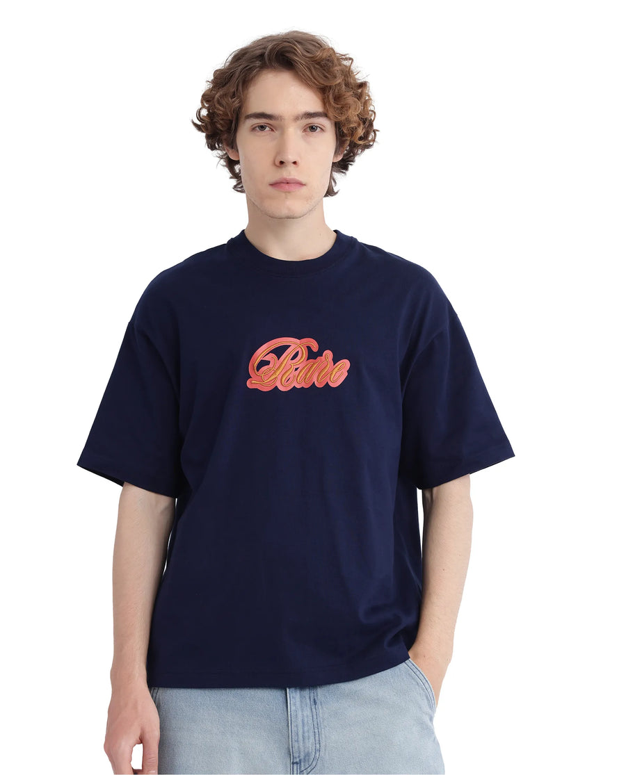 Rare Rabbit Men's Kenzo-25 Navy Cotton Embroidered Oversized Fit Half Sleeve Crew Neck T-Shirt