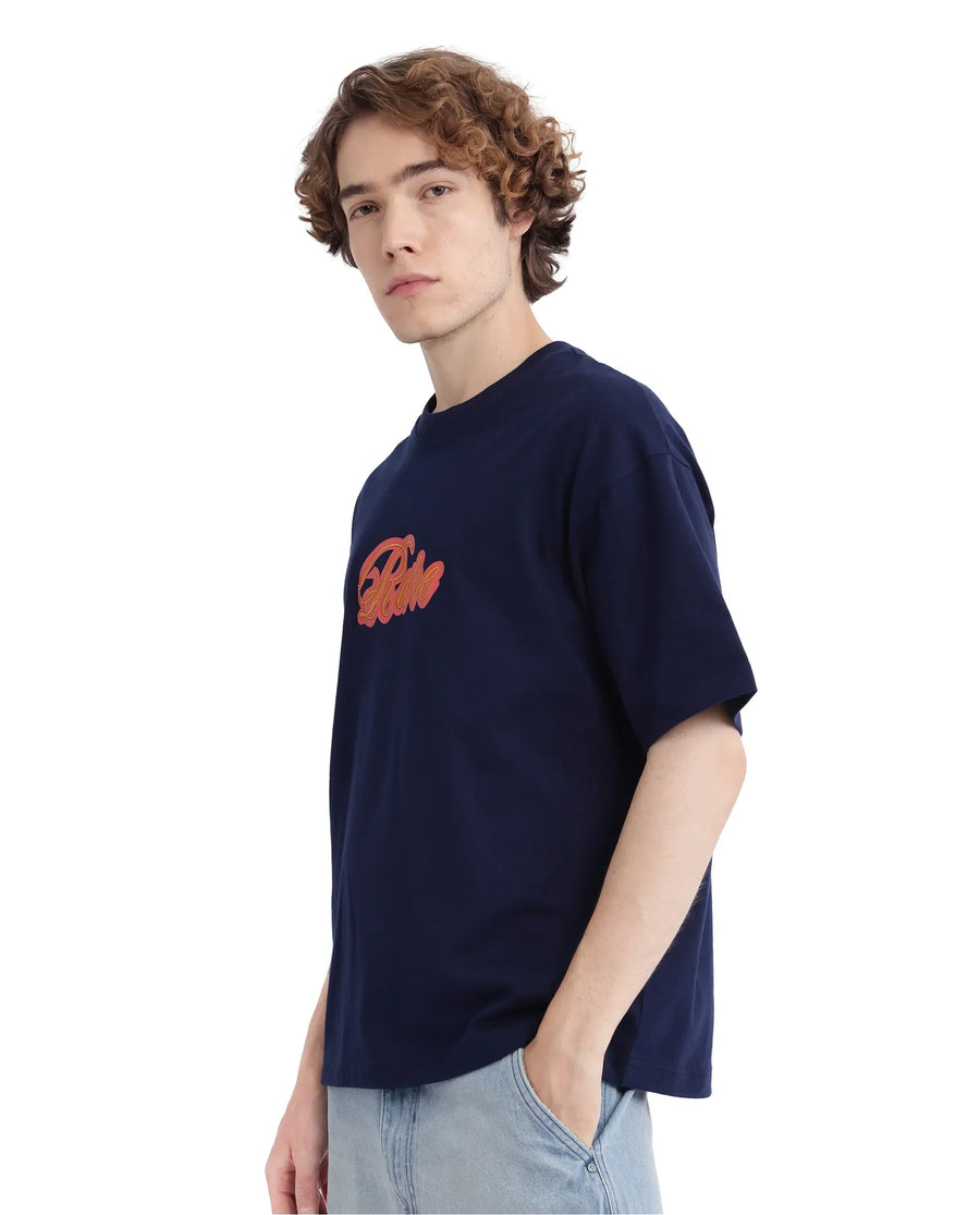 Rare Rabbit Men's Kenzo-25 Navy Cotton Embroidered Oversized Fit Half Sleeve Crew Neck T-Shirt