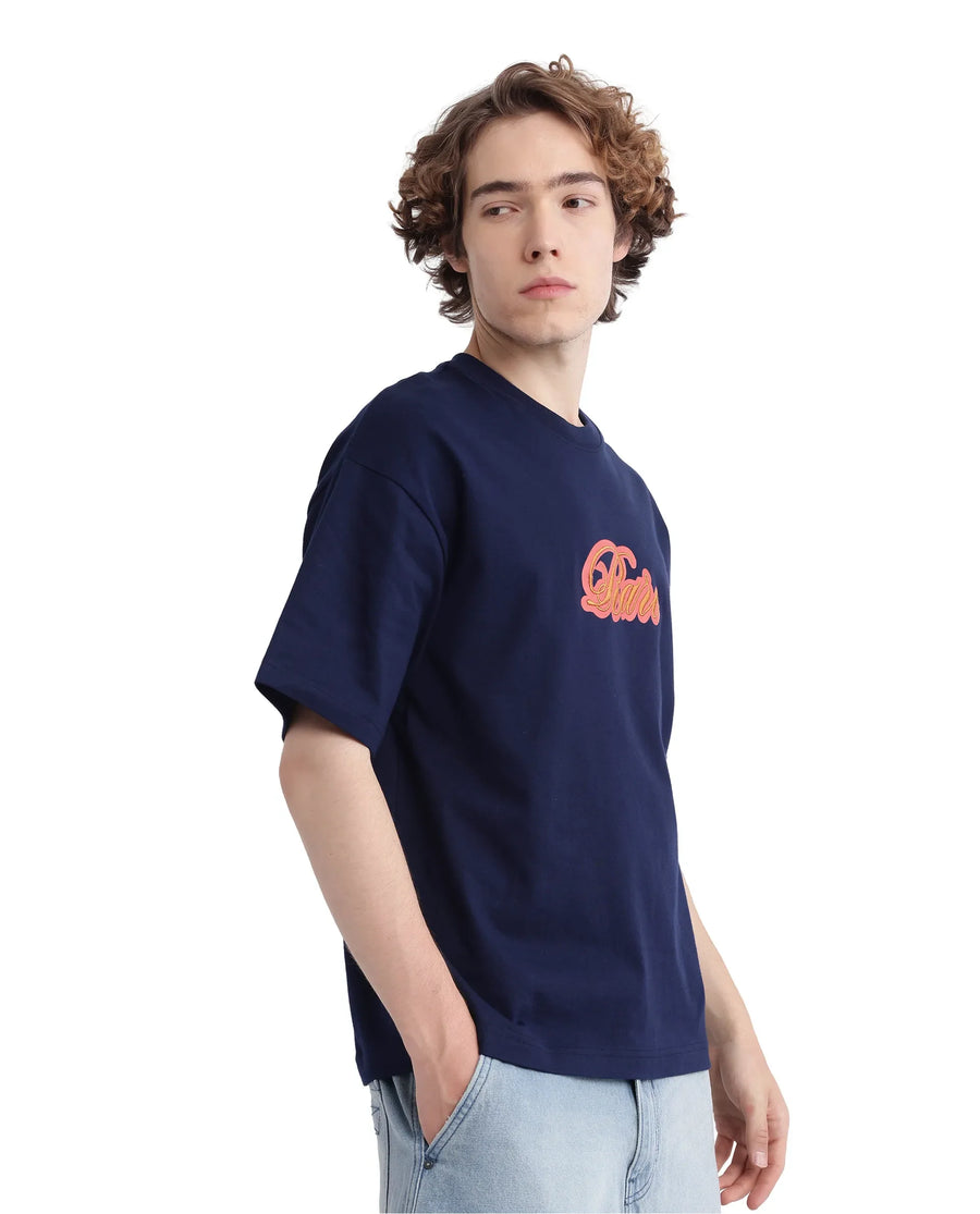 Rare Rabbit Men's Kenzo-25 Navy Cotton Embroidered Oversized Fit Half Sleeve Crew Neck T-Shirt