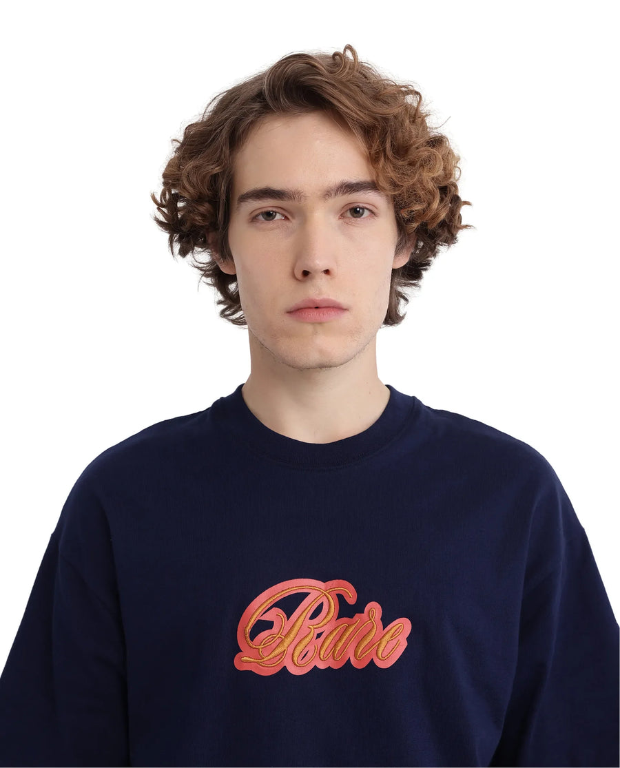 Rare Rabbit Men's Kenzo-25 Navy Cotton Embroidered Oversized Fit Half Sleeve Crew Neck T-Shirt