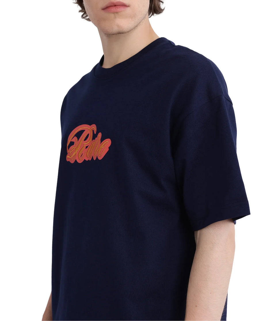 Rare Rabbit Men's Kenzo-25 Navy Cotton Embroidered Oversized Fit Half Sleeve Crew Neck T-Shirt