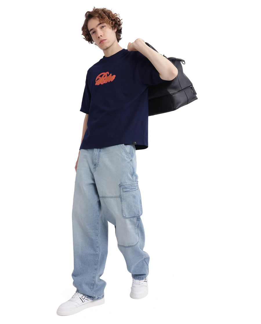 Rare Rabbit Men's Kenzo-25 Navy Cotton Embroidered Oversized Fit Half Sleeve Crew Neck T-Shirt
