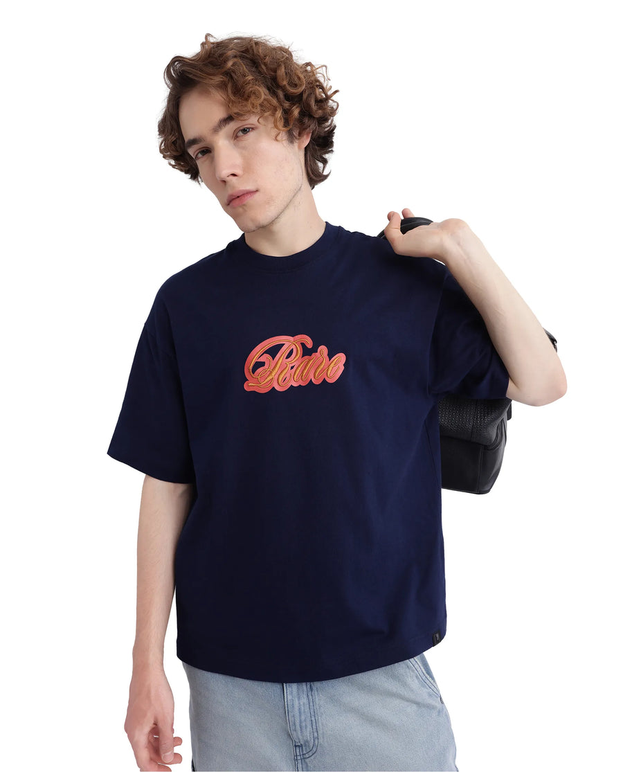 Rare Rabbit Men's Kenzo-25 Navy Cotton Embroidered Oversized Fit Half Sleeve Crew Neck T-Shirt