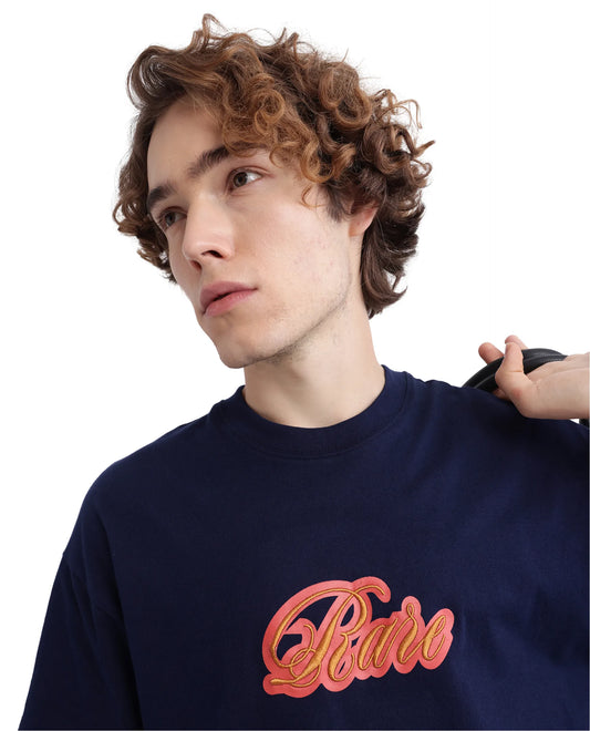 Rare Rabbit Men's Kenzo-25 Navy Cotton Embroidered Oversized Fit Half Sleeve Crew Neck T-Shirt