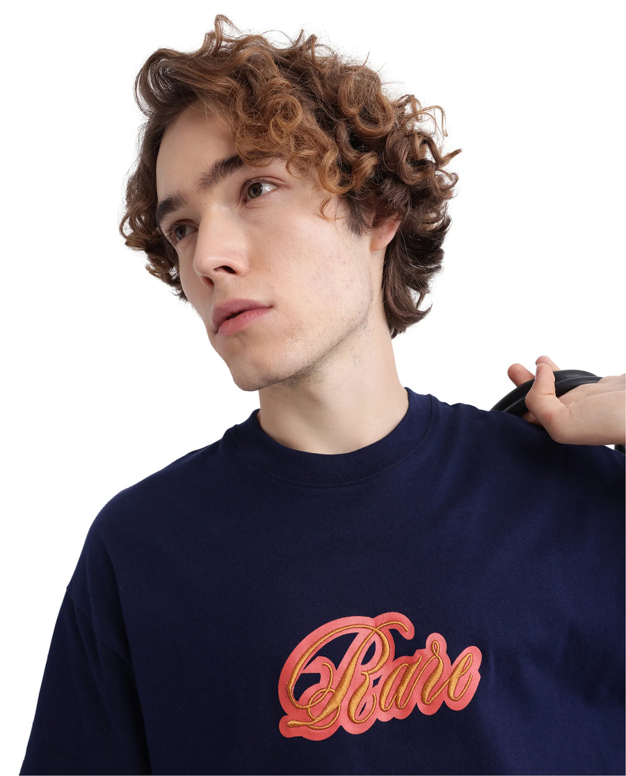 Rare Rabbit Men's Kenzo-25 Navy Cotton Embroidered Oversized Fit Half Sleeve Crew Neck T-Shirt