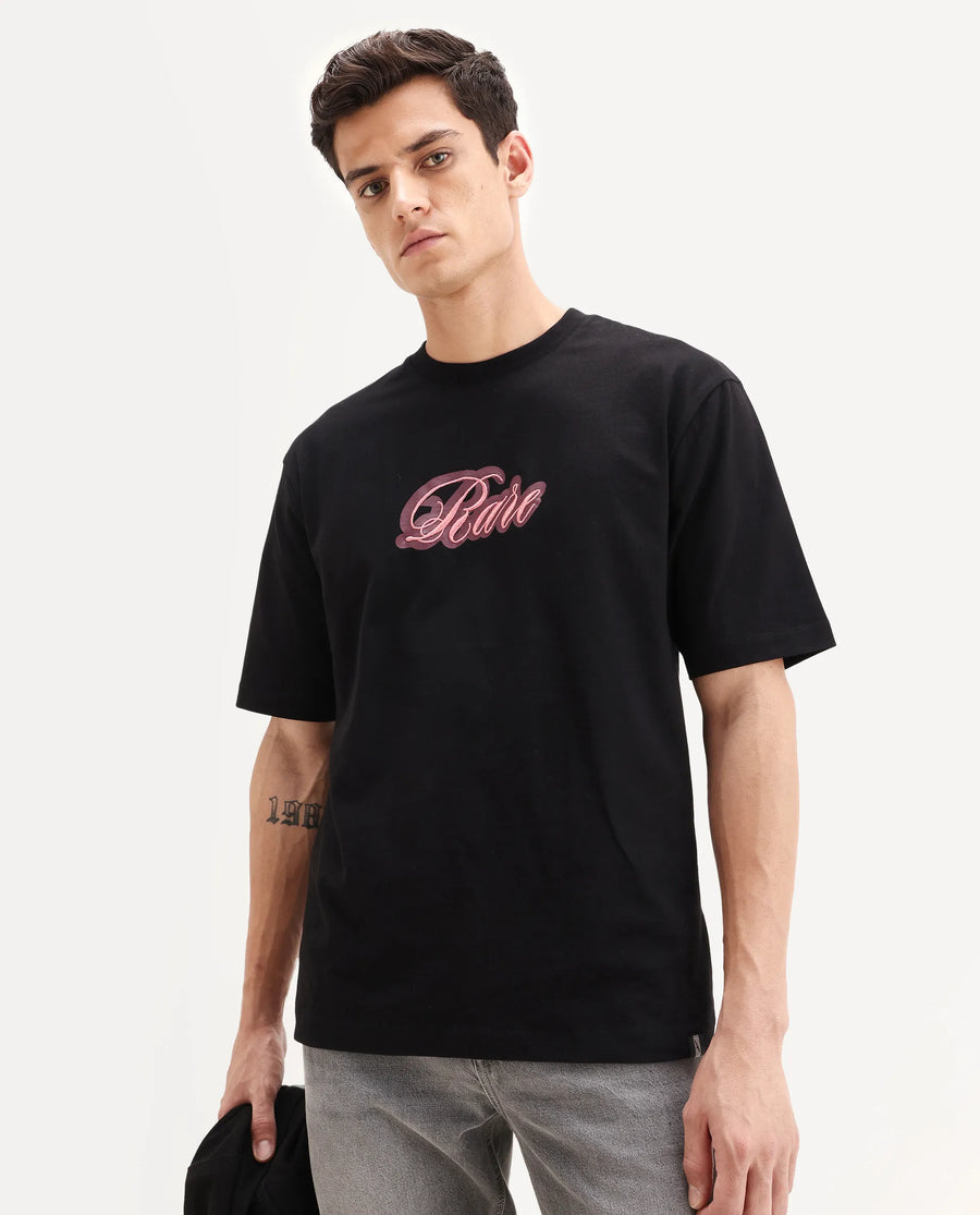Rare Rabbit Men's Kenzo Black Cotton Embroidered Oversized Fit Half Sleeve Crew Neck T-Shirt