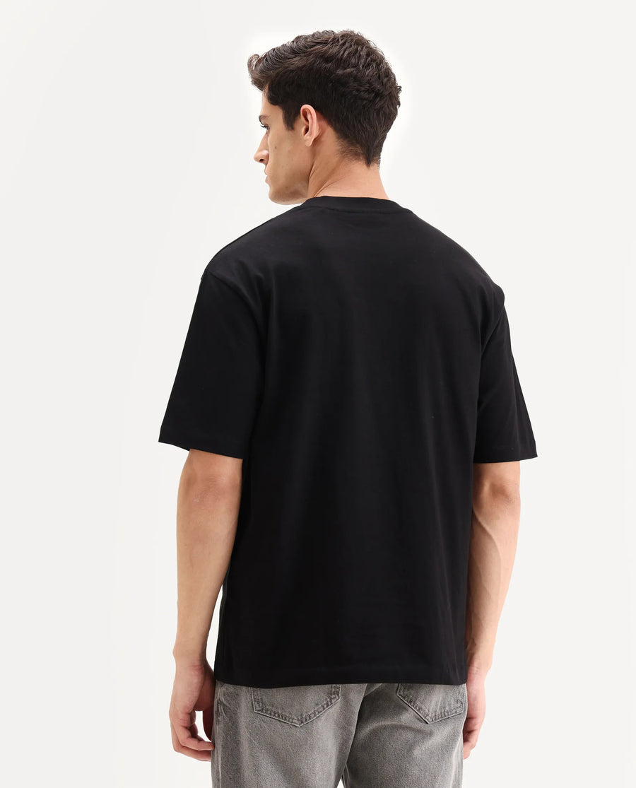 Rare Rabbit Men's Kenzo Black Cotton Embroidered Oversized Fit Half Sleeve Crew Neck T-Shirt